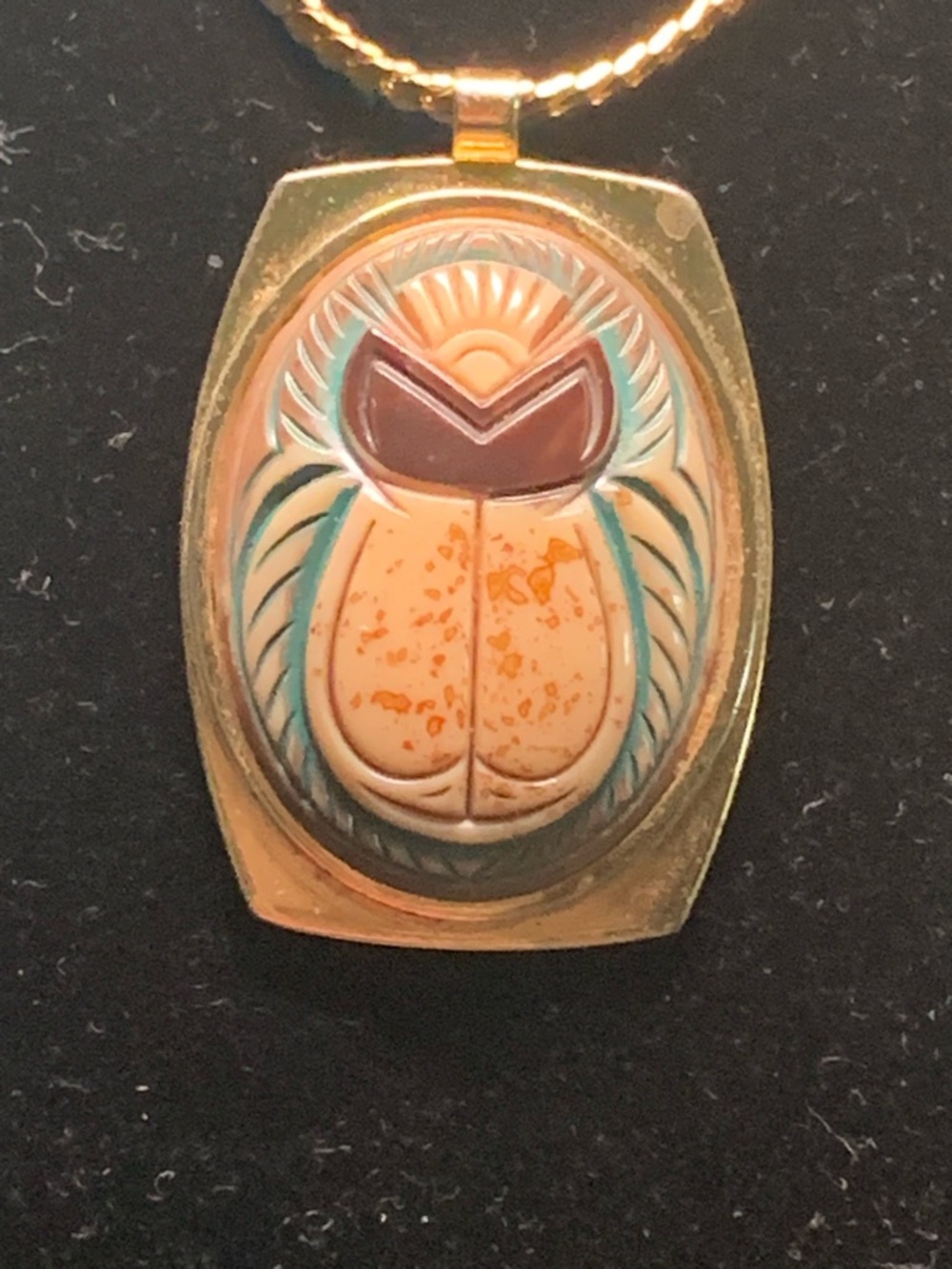 Vintage Scarab Pendant Necklace in Gold with Peach, Turquoise & Brown Enamel